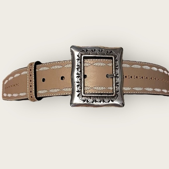 Kathi Kilburn Embellished Leather Belt with Square Silver Buckle in Cream/Beige - Picture 4 of 11